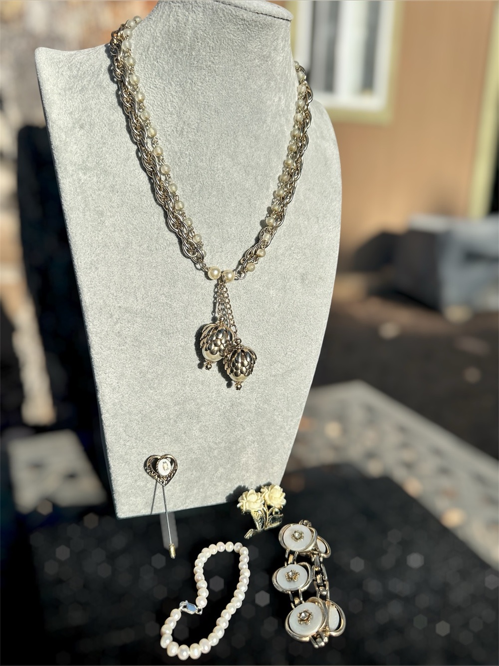 Curated Vintage Accessories Faux Pearl and Silvertone with a Statement